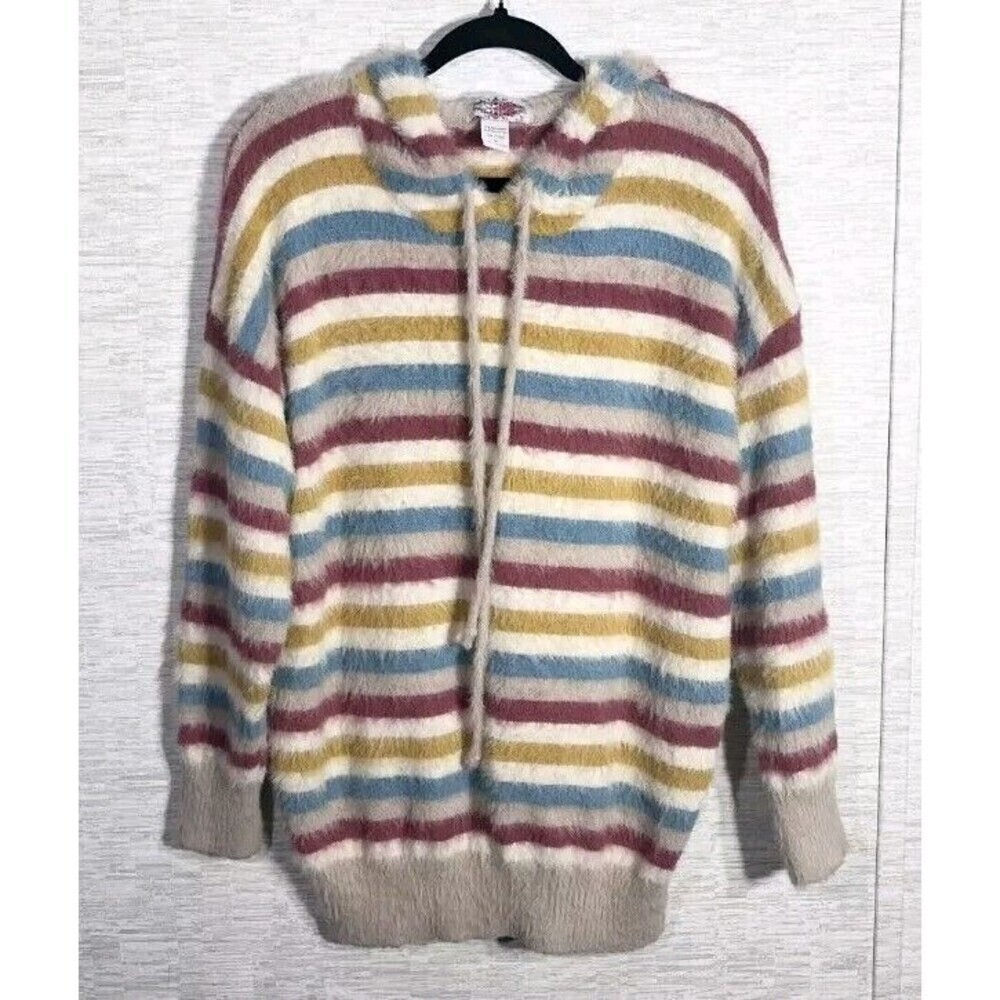 Anthropologie Oliver by Escio Striped Fuzzy Multicolor Hooded Sweater Medium